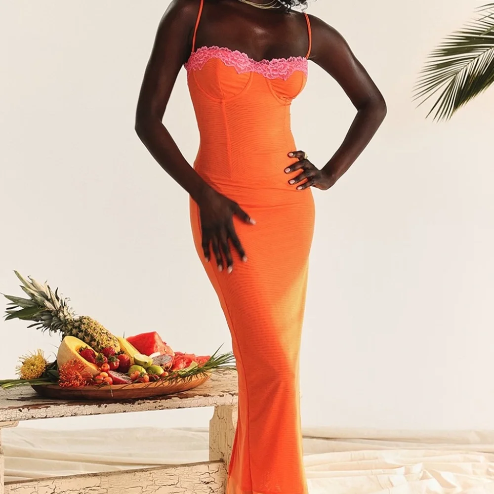 House of CB Aiza Flame Orange Lace Corset Maxi Dress NWT - Picture 5 of 16